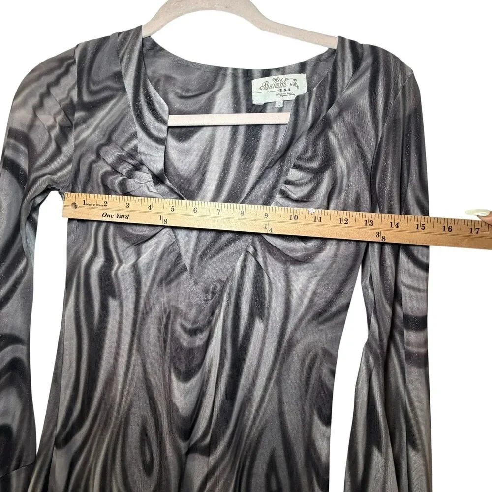 Y2K Gray/Black Abstract V-Neck Long Sleeve Mini Dress